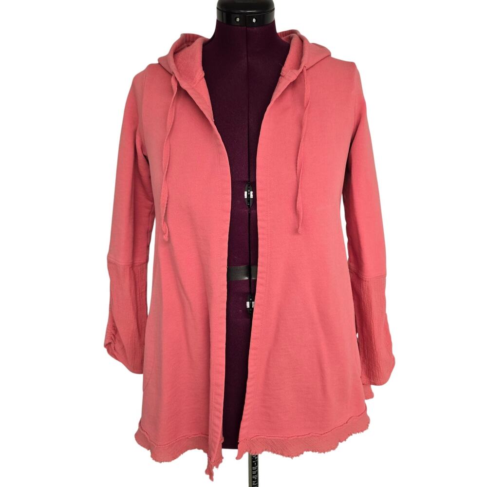 Women's LOGO Lori Goldstein Coral Open Front Hooded Sweatshirt Jacket | Size XXS